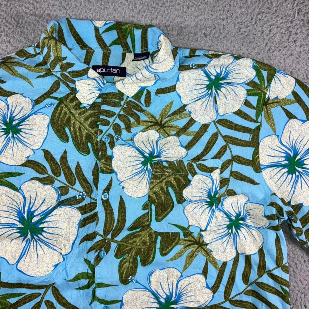 Puritan Hawaiian Shirt Men XL Blue Tropical Hibiscus Floral Rayon Aloha S/S